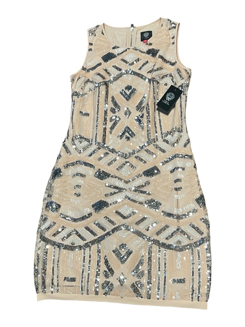 New Vince Camuto Sleeveless Cream Sequin Mini Sheath Dress Evening Cocktail 2P